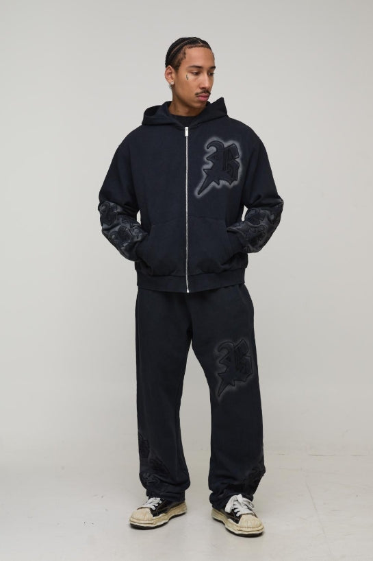 Boxy Applique Zip Through Washed Hoodie