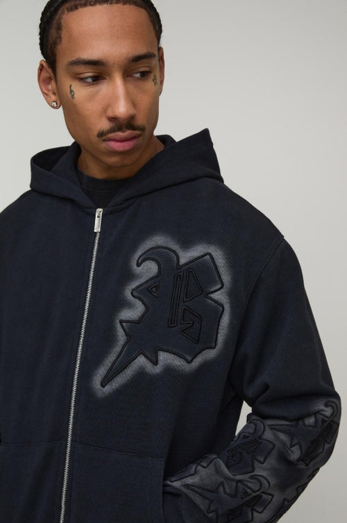 Boxy Applique Zip Through Washed Hoodie