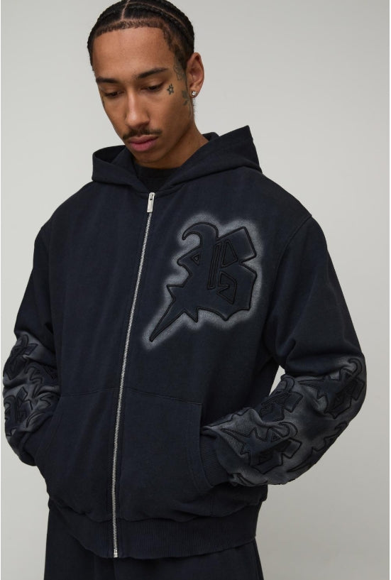 Boxy Applique Zip Through Washed Hoodie